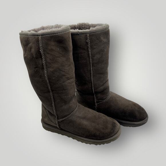 UGG Australia Classic Suede Tall Shearling Fur Boots Gray Pull On Size 7 Cozy - Picture 13 of 16